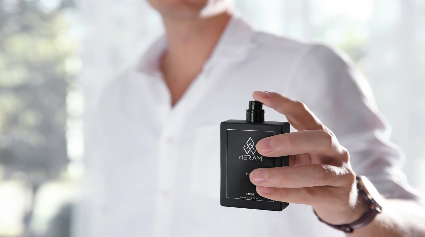 Hombre sosteniendo botella de perfume HERAM – fragancia masculina de élite